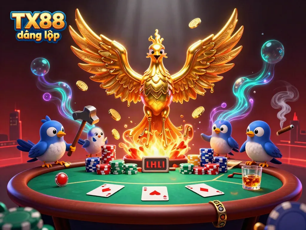 TX88 đăng nhập reveals a dynamic casino scene with a golden phoenix and poker elements.