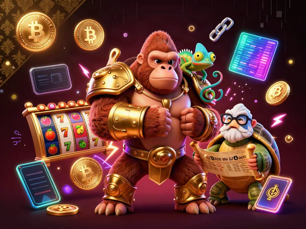 Engage with exciting situs slot gacor games featuring a powerful gorilla king, chameleon, and tortoise in a dynamic digital casino scene.