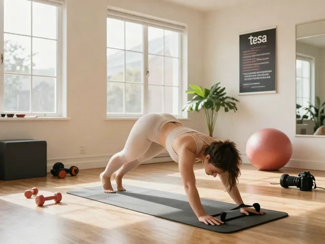Individual performing fitness exercises with tesa peptide focus in a bright wellness studio environment.