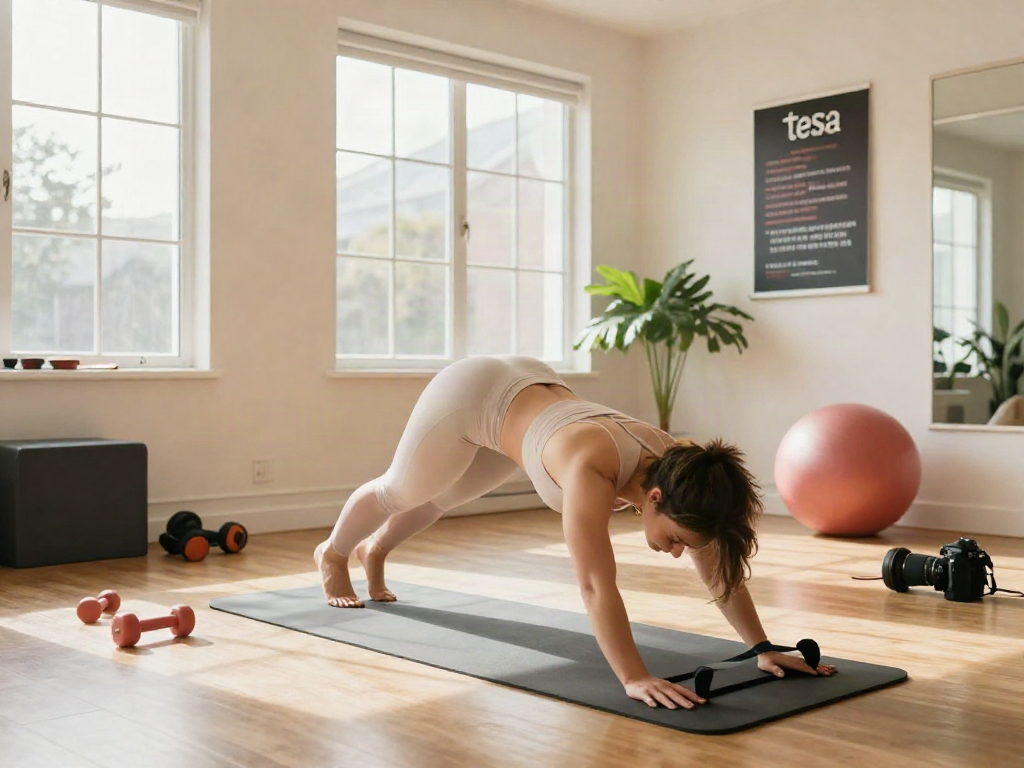 Individual performing fitness exercises with tesa peptide focus in a bright wellness studio environment.