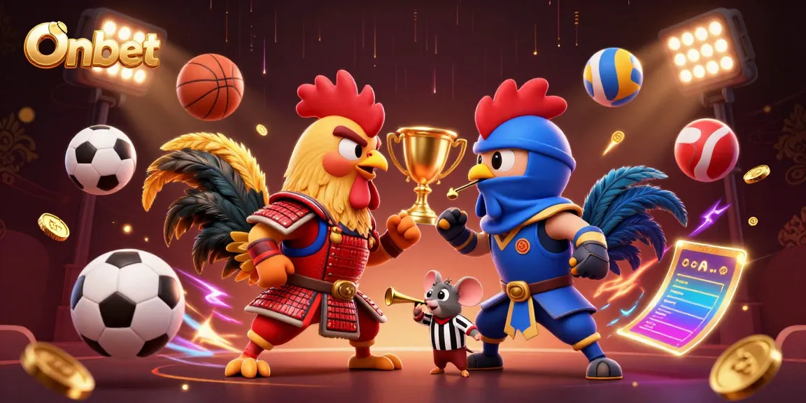 Onbet's thrilling action: cartoon roosters in medieval gear face off amidst vibrant gambling elements.