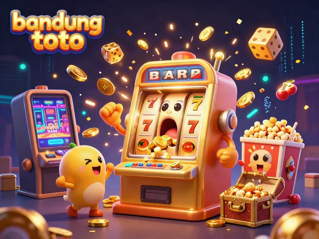 Jackpot celebration depicting bandung toto, a golden slot machine wins, coins exploding, playful machines cheering.