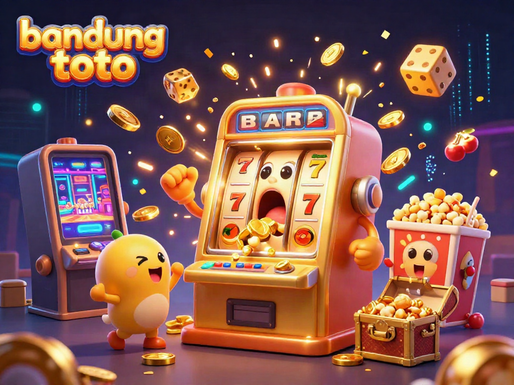 Jackpot celebration depicting bandung toto, a golden slot machine wins, coins exploding, playful machines cheering.