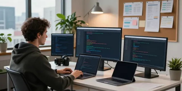 Developer using an OpenAI-compatible API in a modern tech workspace with multiple screens and coding materials.