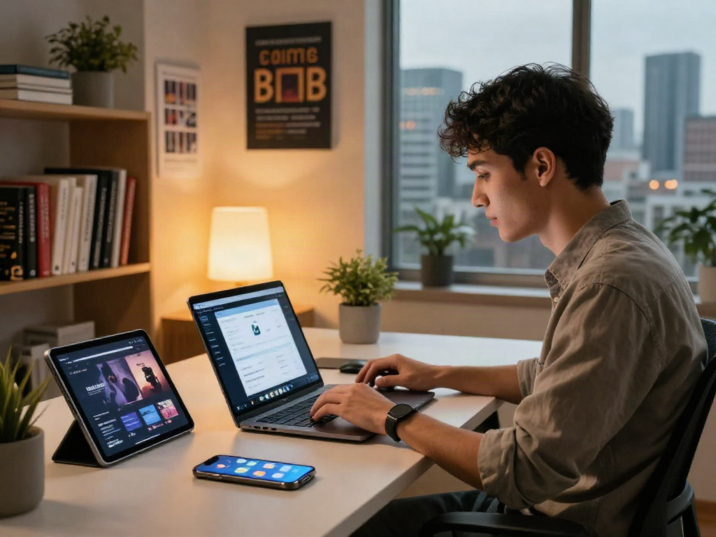 Pikashow app download on a high-resolution laptop in a dynamic tech workspace with vibrant gadgets.