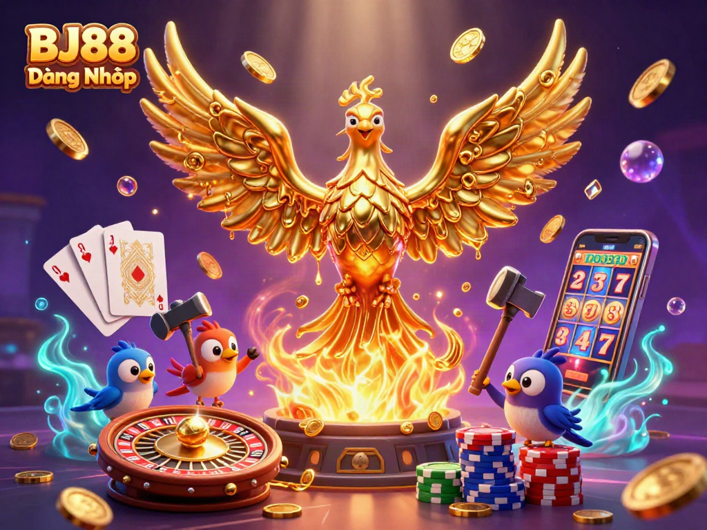 Engage with exciting games at BJ88 Đăng Nhập, featuring a stunning golden phoenix scene with vibrant casino elements.