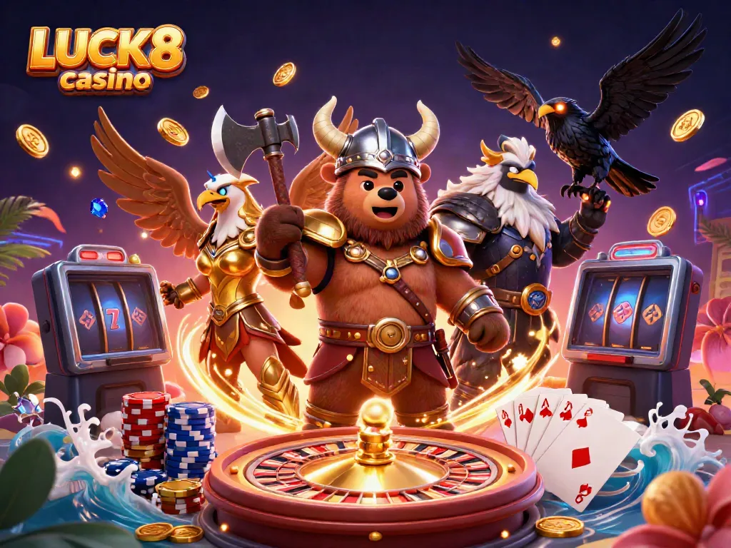 Experience excitement at LUCK8 casino with a 3D illustration of a Viking bear, Valkyrie eagle, and poker scenes.