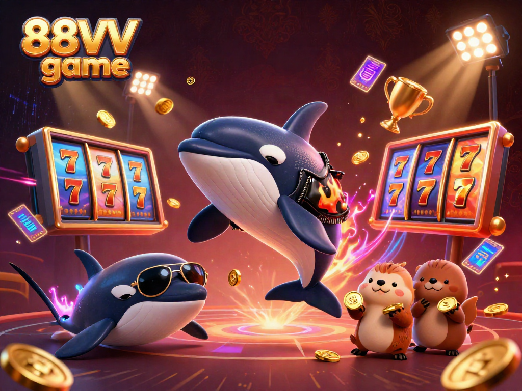 Engage with thrilling 88VV game as an orca jumps and otters float, filling the scene with casino excitement.
