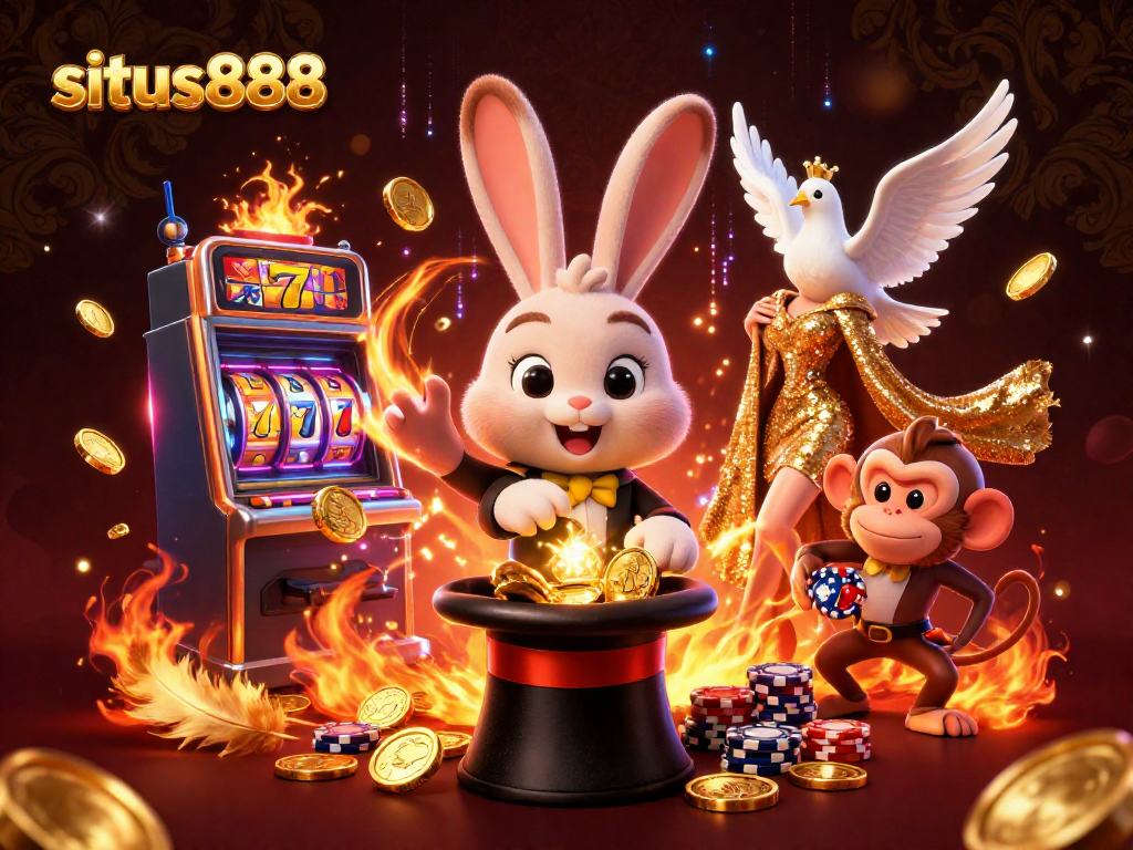 situs888 showcases a magical casino scene with a rabbit, dove, and monkey engaging in exciting gameplay.