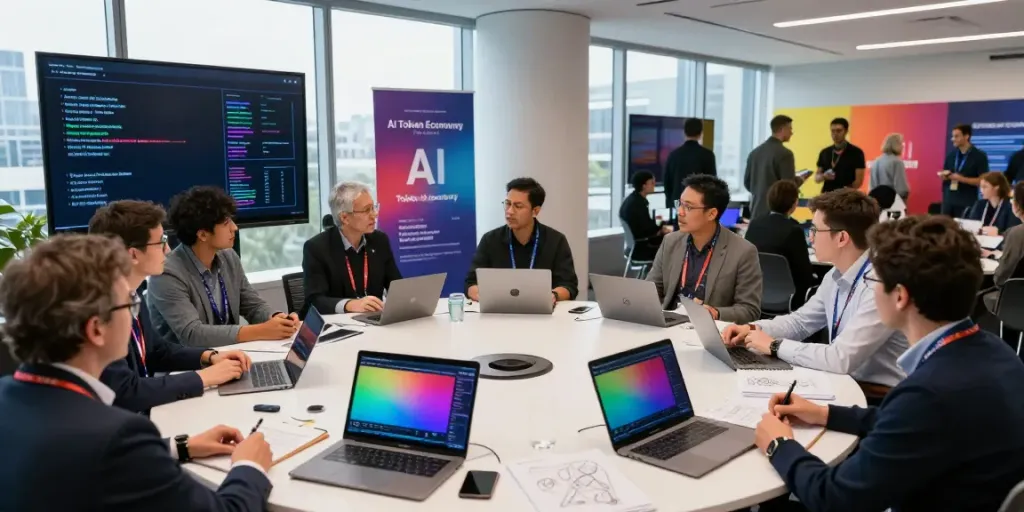 Experts collaborating in the AI Token Economy at a tech conference, discussing strategies and insights.