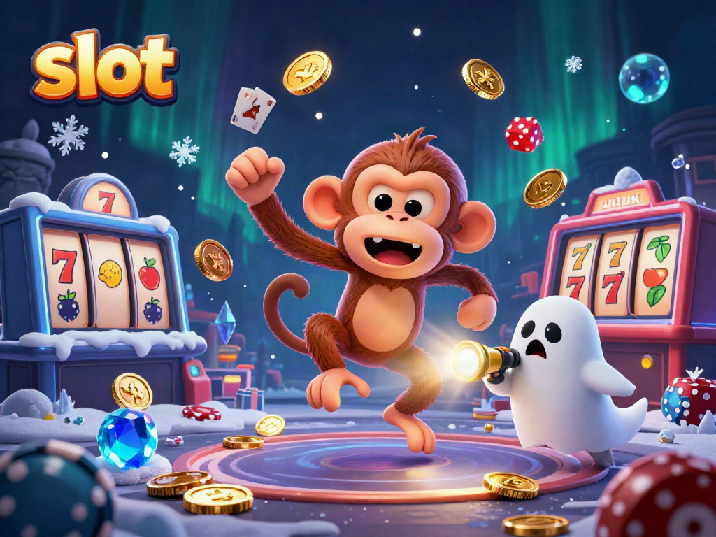 Engage with thrilling slot action featuring a playful monkey and ghost-hunting puppy in a haunted casino.