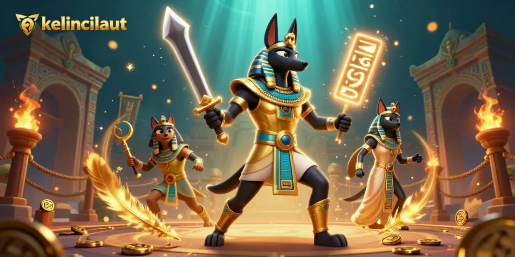 Experience thrilling gameplay with kelincilaut in an energetic casino illustration showcasing slot reels and mythical characters.
