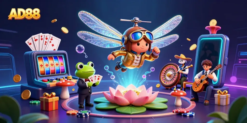 Experience the excitement of AD88 with vibrant casino scenes and entertaining characters.