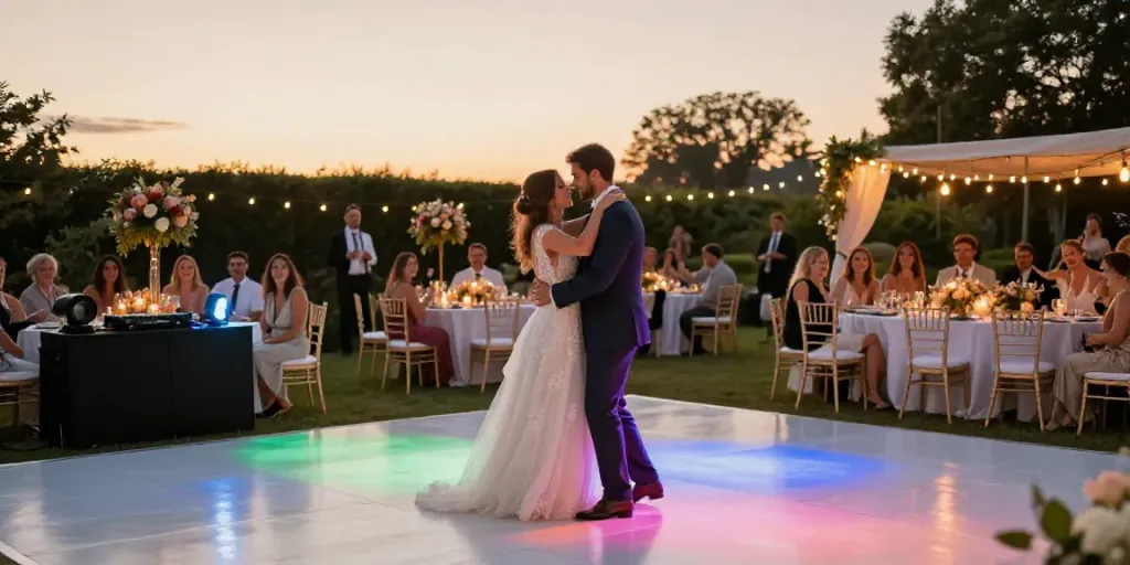 Outdoor wedding reception with DJ setup in Berlin Brandenburg, capturing joy and elegance