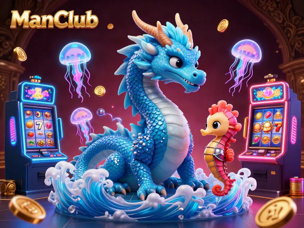 Experience the thrilling action of ManClub with vibrant slot machines, dragon characters, and shimmering jellyfish.