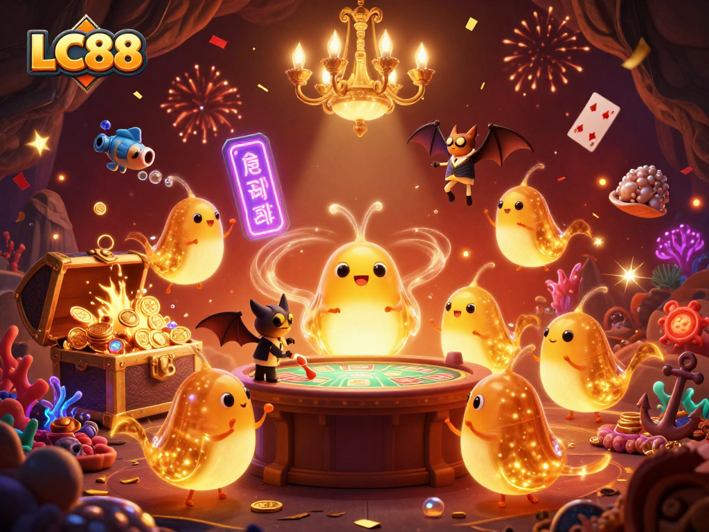Experience the excitement of LC88's vibrant 3D casino scene with glowing elements and a bat dealer.