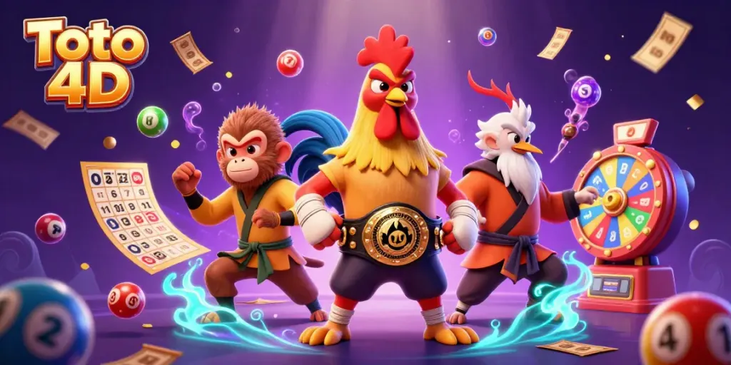 Menghasilkan peluang menang di Toto 4D dengan ilustrasi karakter kasino yang energik dan penuh warna.