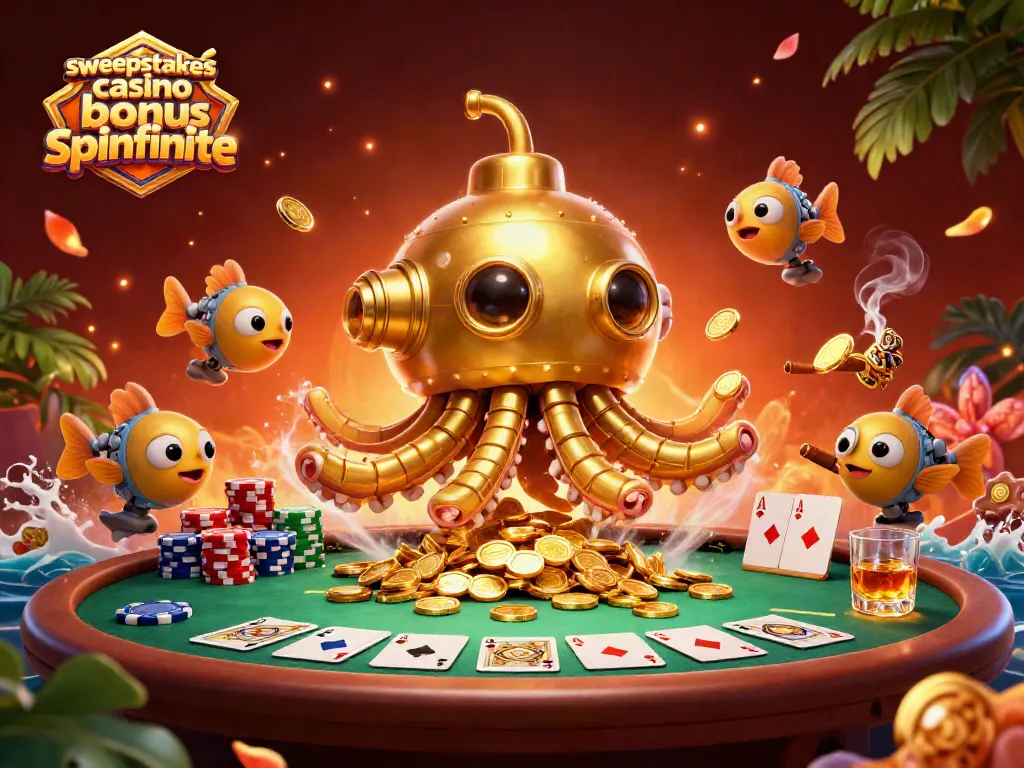 Engaging illustration showcasing sweepstakes casino bonus spinfinite with a golden kraken submarine and poker elements.