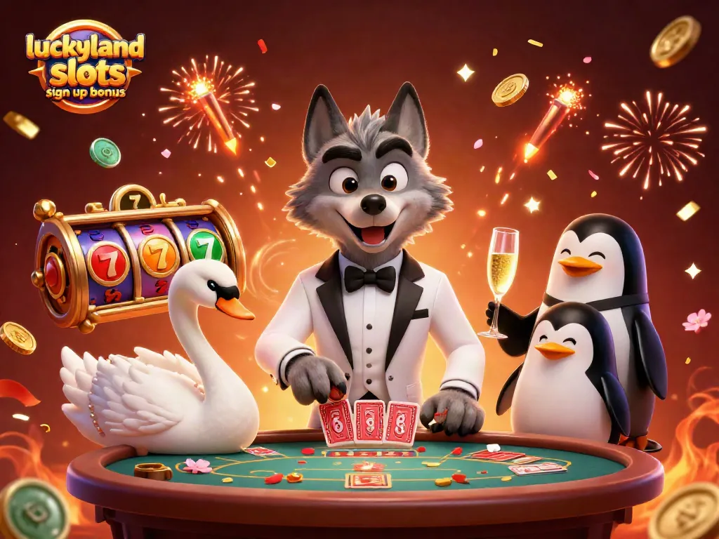 Experience luckyland slots sign up bonus with a dynamic casino scene featuring charming characters.