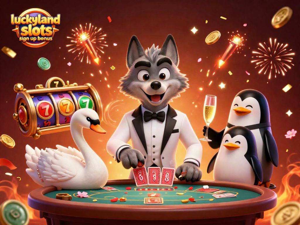 Experience luckyland slots sign up bonus with a dynamic casino scene featuring charming characters.
