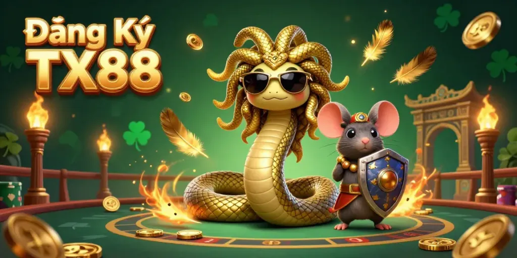 Engage in the vibrant casino world at Đăng Ký TX88 with Medusa and a warrior in action.
