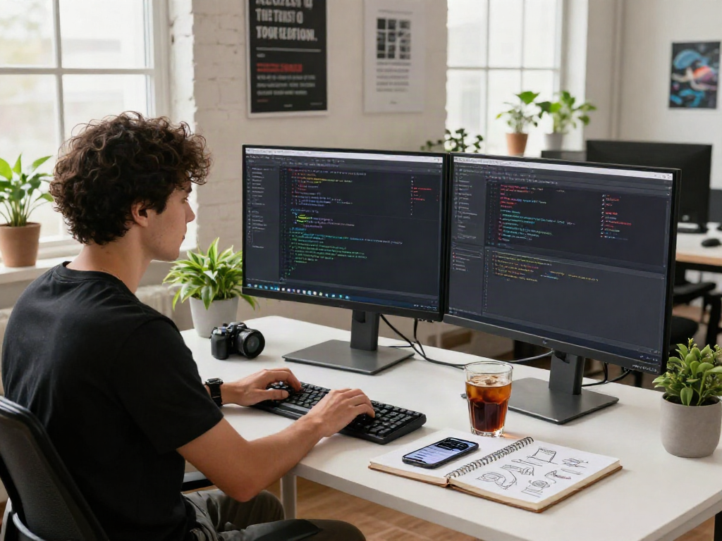 Developer sedang bekerja dengan perangkat lunak di meja modern, menunjukkan 快连下载 dan aplikasi terkait.
