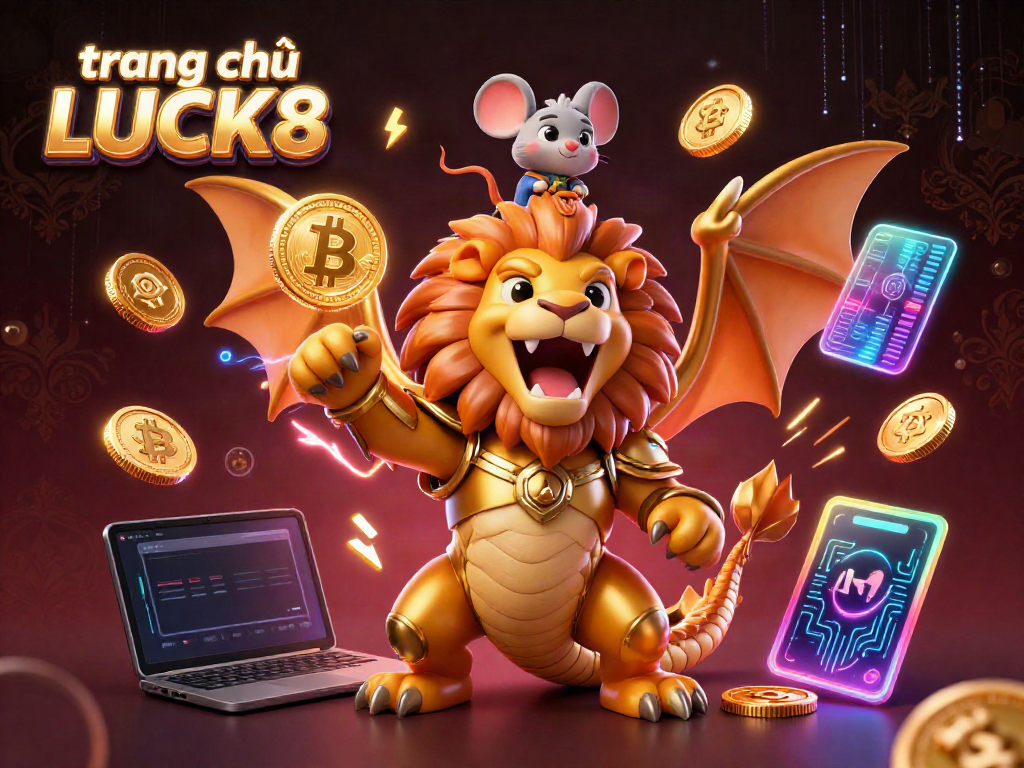 Experience the excitement of trang chủ LUCK8 with a majestic chimera roaring amidst glowing crypto coins and dynamic casino elements.