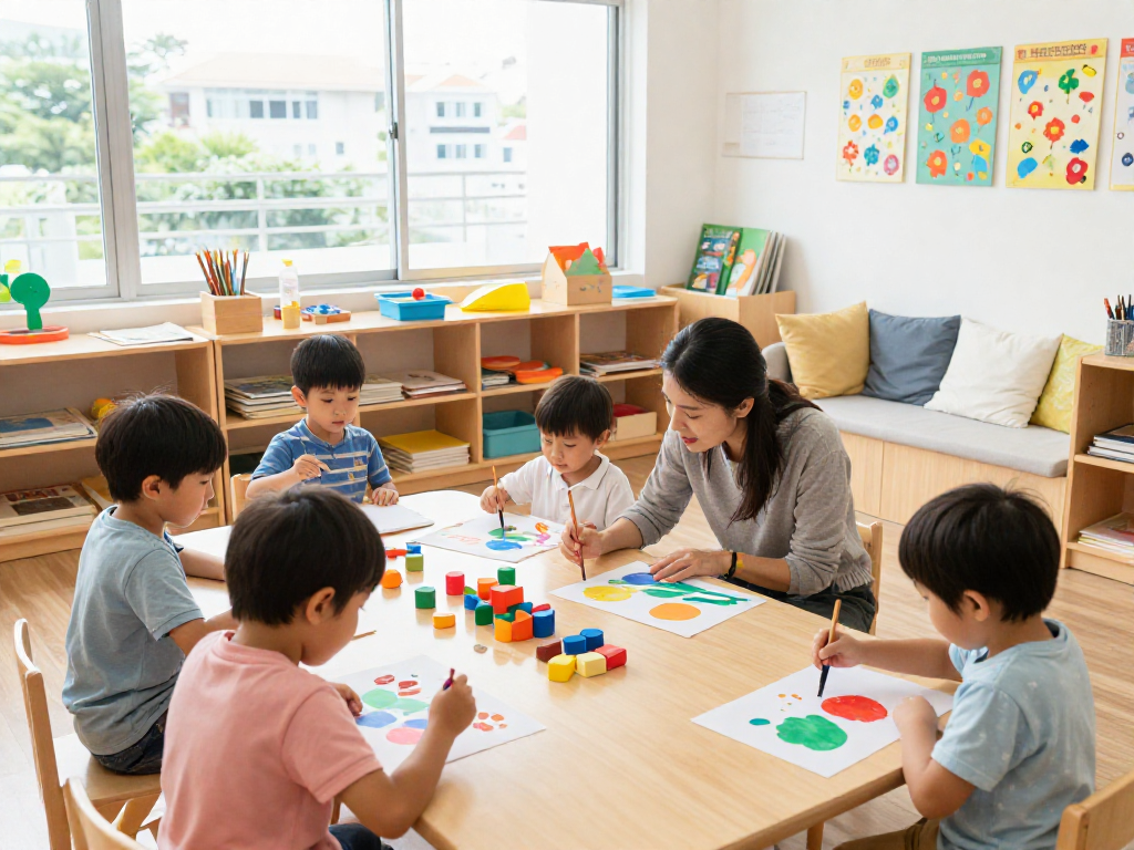 Interactive creativity in a Kindergarten Singapore classroom with students engaged in art activities.