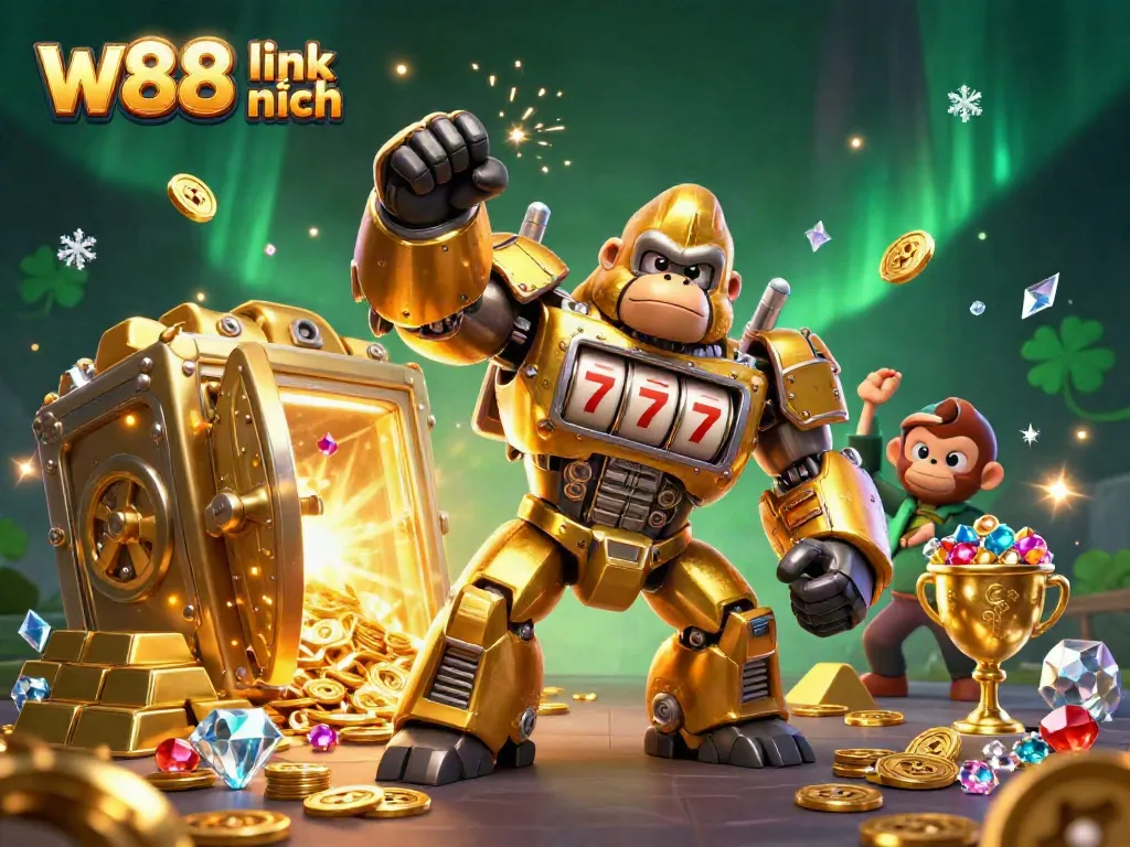 Experience winning with w88 link mới nhất, featuring dynamic 3D scenes of gaming excitement and golden treasures.