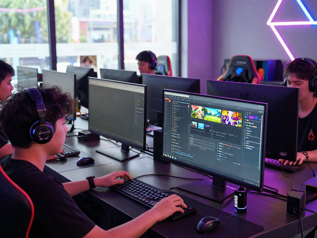 Young gamers enjoying Bro138's responsive online gaming features in a modern lounge.