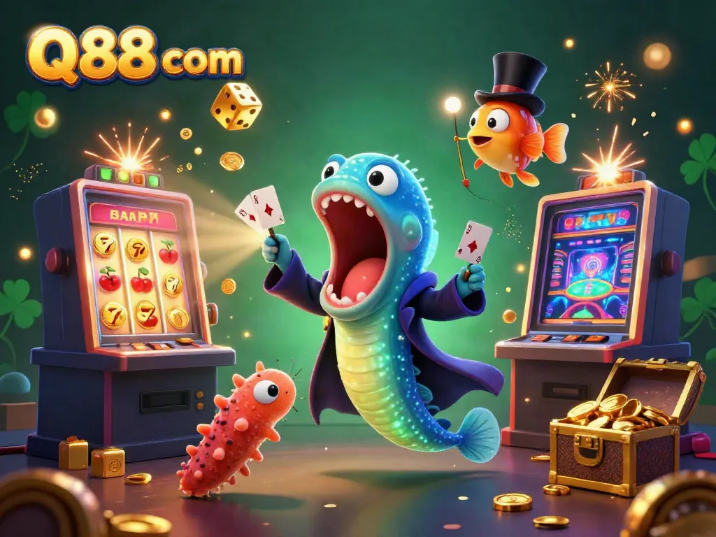 Experience the excitement of Q88 com with a vibrant 3D illustration showcasing a magical casino scene featuring energetic aquatic characters.