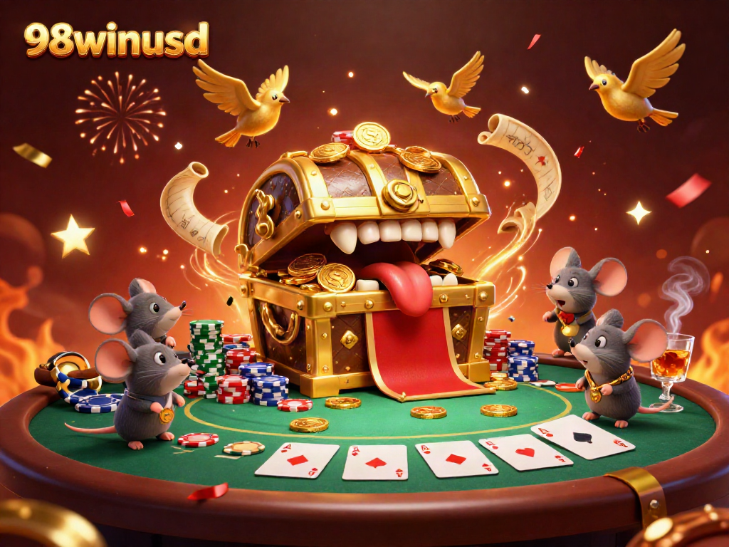 Engage in exhilarating gaming at 98winusd with vibrant casino elements and a treasure chest theme.