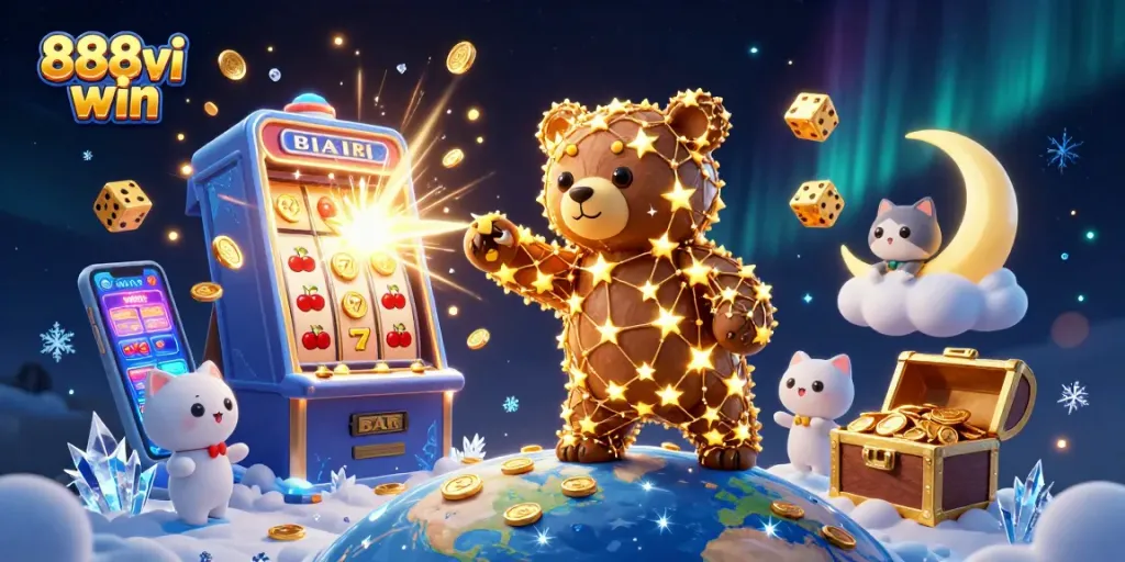Experience the excitement of 888vi win with stunning visuals of a 3D cartoon constellation bear in a magical casino backdrop.