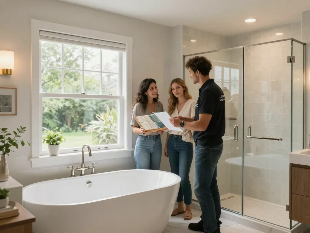 Seattle bathroom remodeling contractor discusses renovation plans with clients in a modern, stylish bathroom.