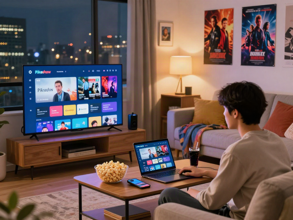 Pikashow streaming setup in cozy living room with modern tech and snacks.