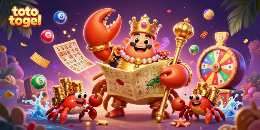 Engage with toto togel and vibrant lottery elements in an energetic 3D cartoon scene.