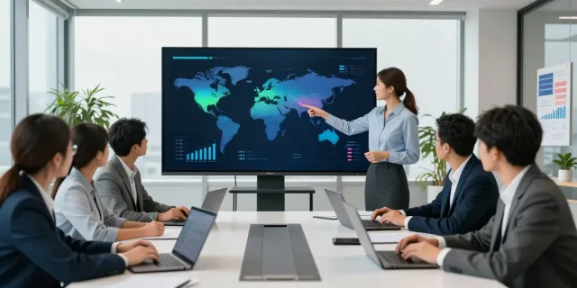 Analysis meeting scene at the largest insurance company in the world, showcasing team collaboration and market strategies.