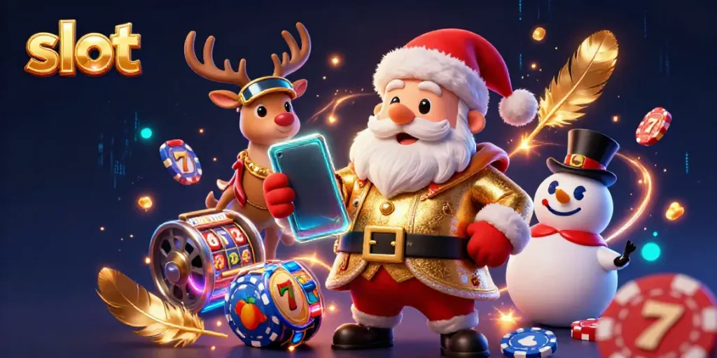 Slot jackpot menarik perhatian dalam ilustrasi Santa Claus dan teman-teman kasino.