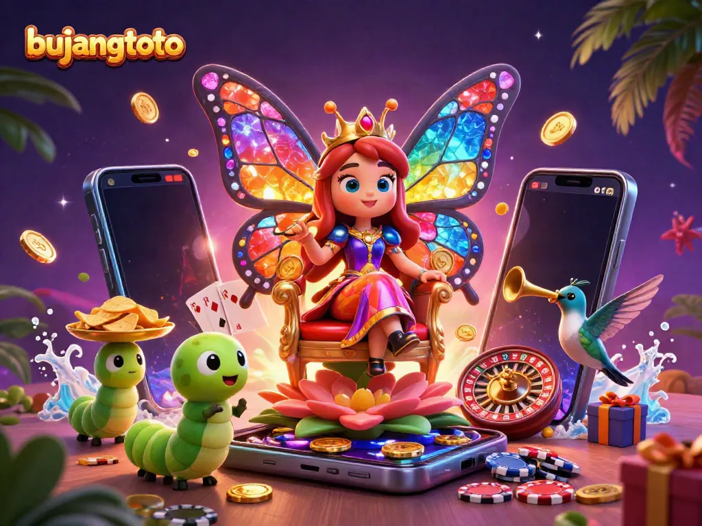 Bujangtoto features an enchanting butterfly queen in a lively casino setting, showcasing thrilling gaming elements.