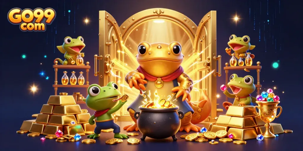 Experience the thrilling world of GO99 com with vibrant 3D illustrations of magical gold transformations in a casino setting.