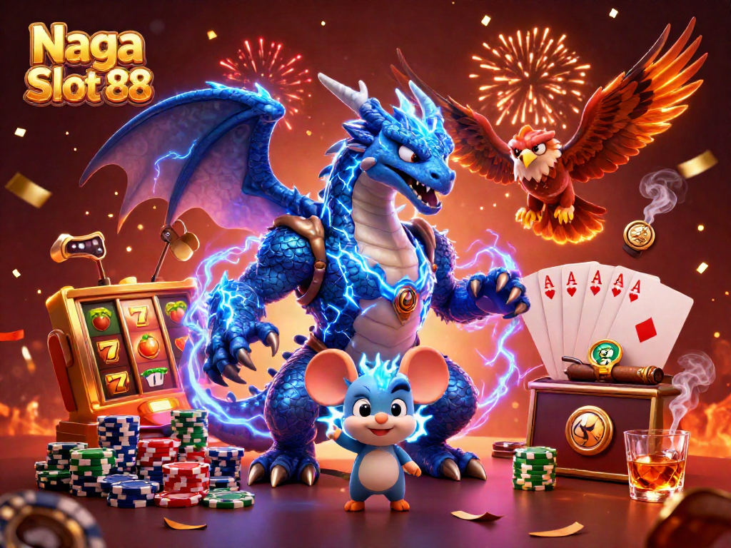 Naga Slot 88 features vibrant 3D cartoon characters playing with slot reels and poker elements.