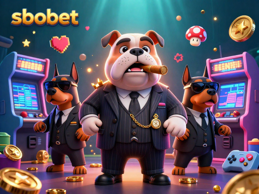 Engage with sbobet's thrilling games in a vibrant scene featuring a mafia bulldog and Dobermans.