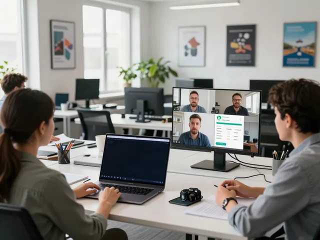 Deepfake protected Conferencing with diverse team collaborating securely via video calls in modern office.