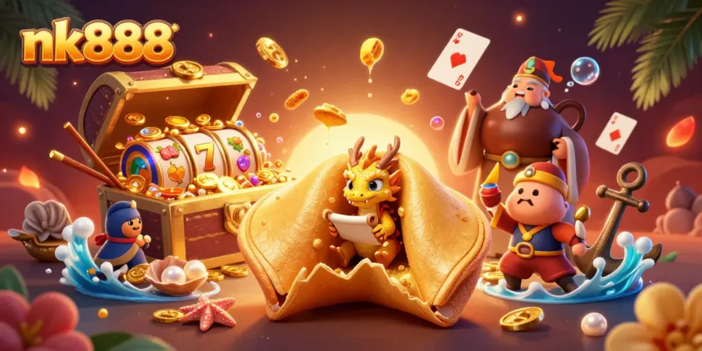 Engage in winning strategies with nk888's vibrant fantasy casino world illustrated in 3D.