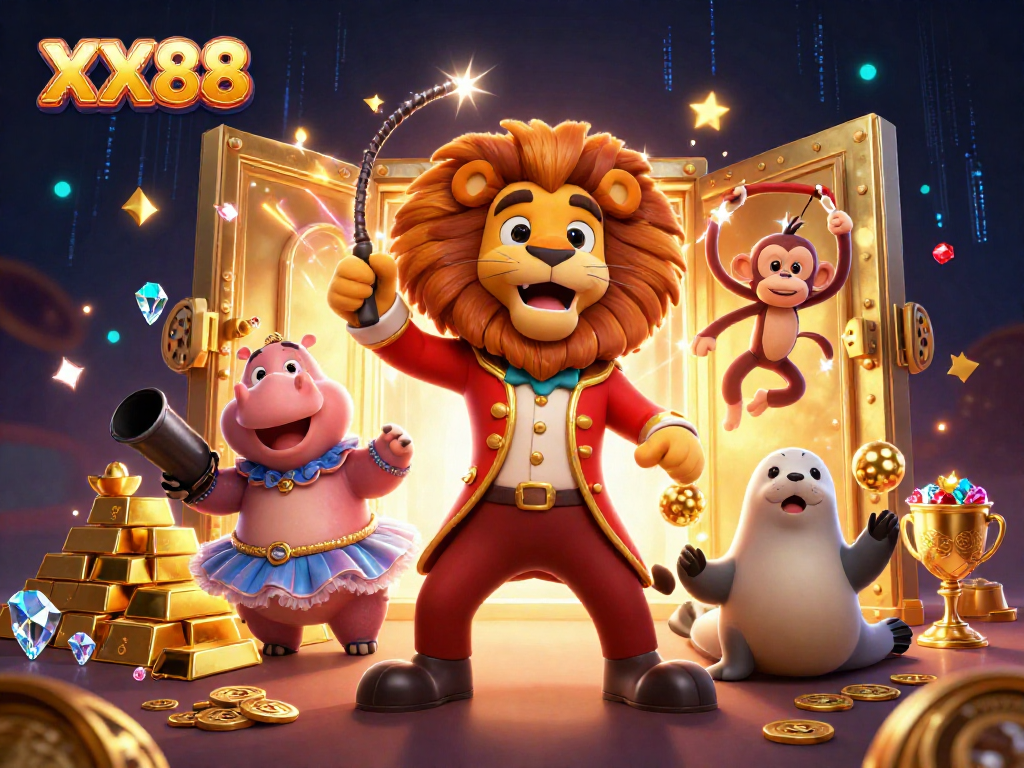 Experience the excitement of XX88 casino through a vibrant 3D illustration featuring animated characters and treasures.