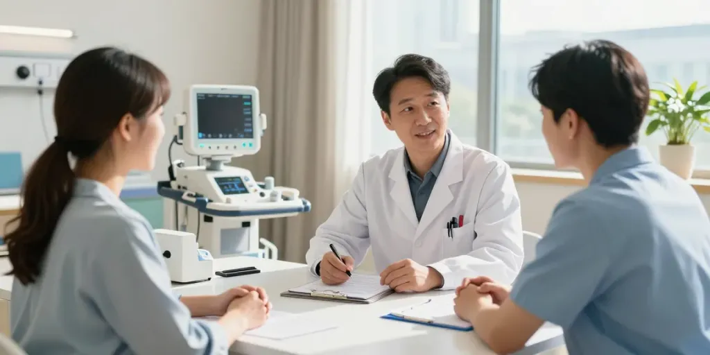 Heart failure treatment consultation with a cardiologist in a warm hospital setting.