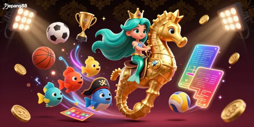 Engage with jepang88's vibrant casino world, featuring a mermaid and seahorse amidst sporty elements.