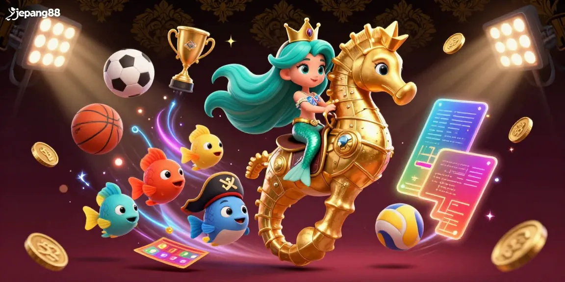 Engage with jepang88's vibrant casino world, featuring a mermaid and seahorse amidst sporty elements.