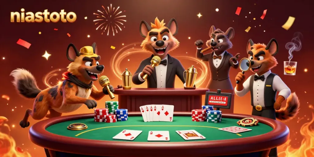 Experience niastoto's lively casino atmosphere with hyena characters, poker games, and vibrant colors.