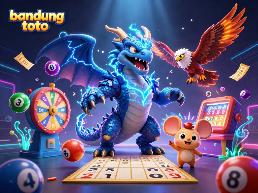Engage with bandung toto's vibrant energy through lottery-themed illustration showcasing dynamic characters and elements.